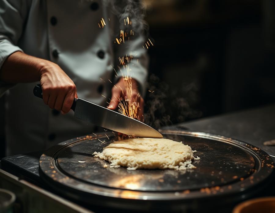 Chef chopping kottu roti on a hot griddle