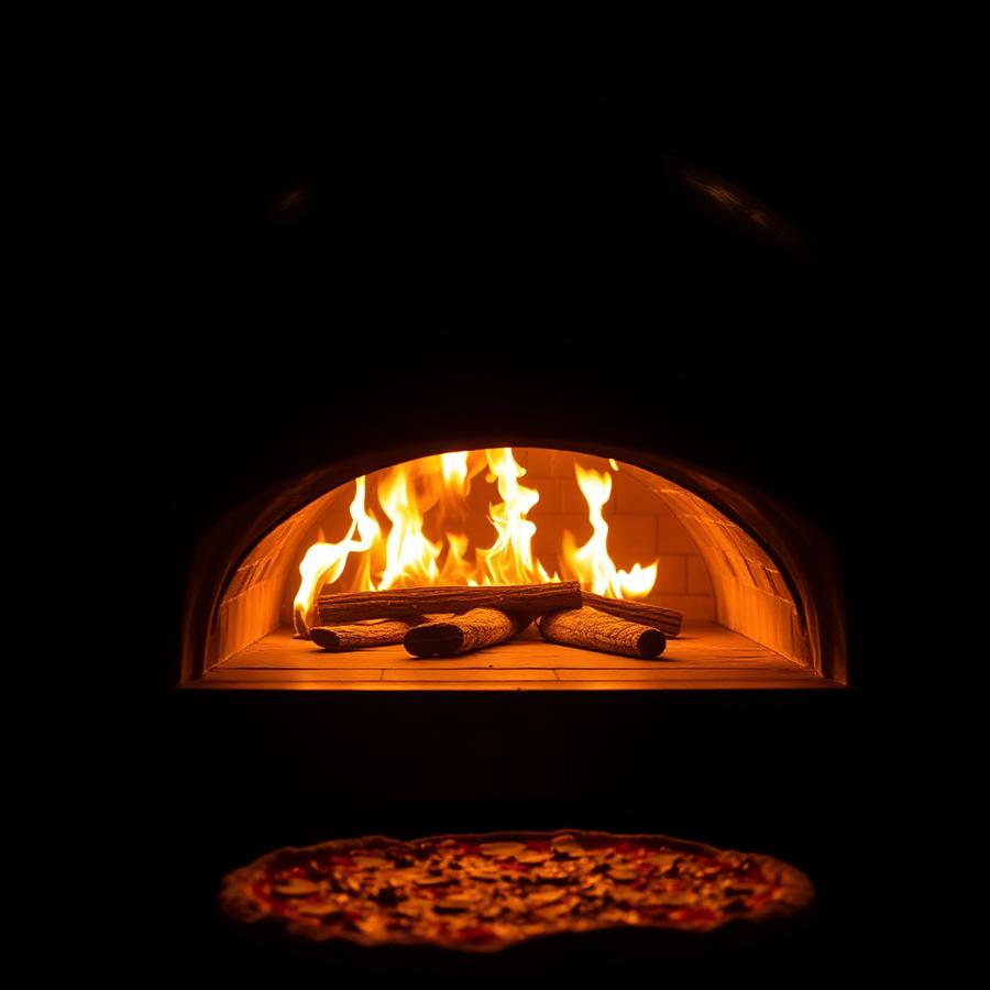 Wood fired pizza oven glowing with flames
