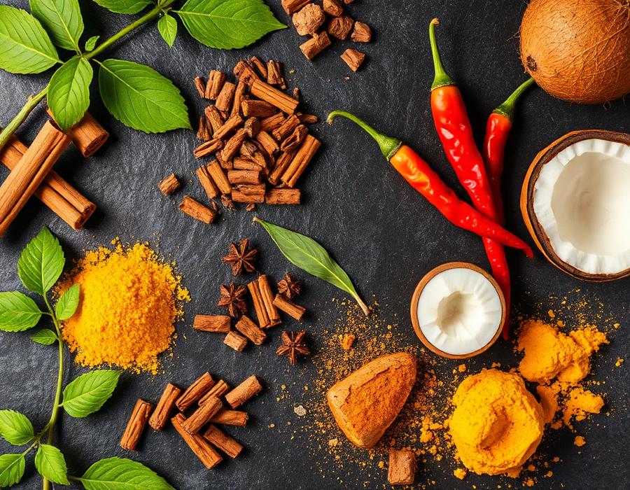 Fresh Sri Lankan spices and coconut flat lay